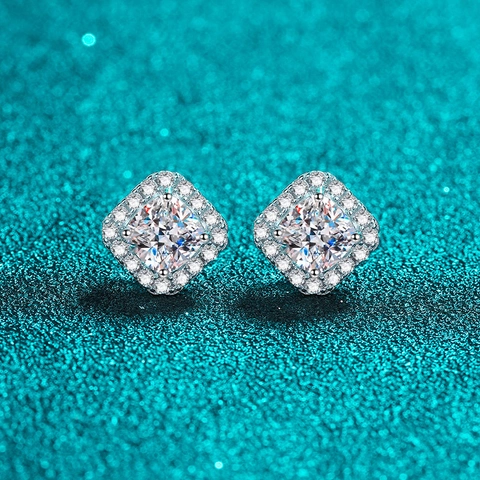 925 Sterling Silver Moissanite Zirconia Halo Stud Earrings Square Cushion Cut Electroplated Jewelry For Women Fashion