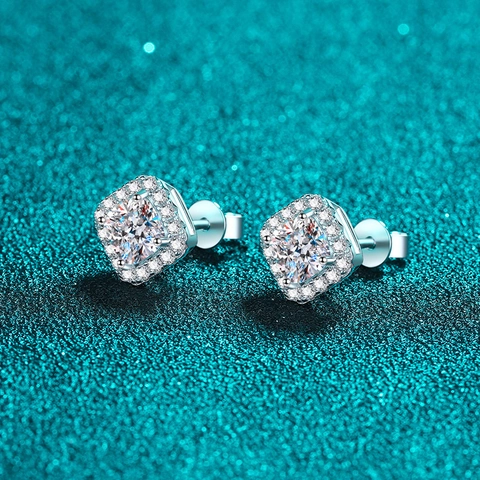 925 Sterling Silver Moissanite Zirconia Halo Stud Earrings Square Cushion Cut Electroplated Jewelry For Women Fashion
