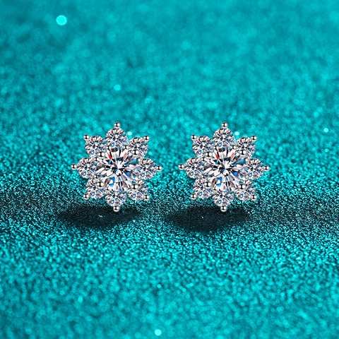 925 Sterling Silver Moissanite Snowflake Stud Earrings For Women D Color VVS1 Sunflower Zirconia Floral Earrings Jewelry Gift