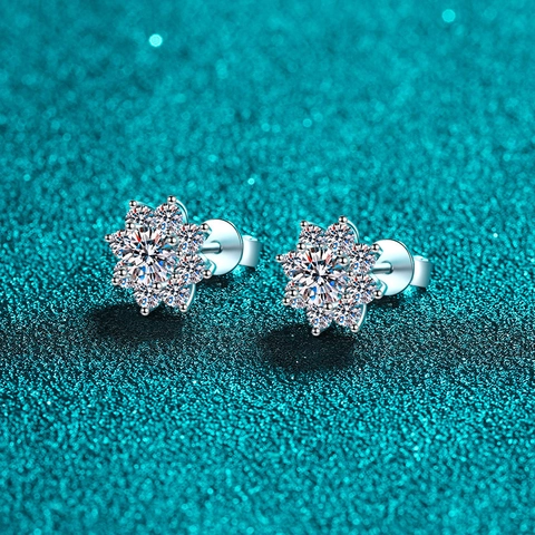 925 Sterling Silver Moissanite Snowflake Stud Earrings For Women D Color VVS1 Sunflower Zirconia Floral Earrings Jewelry Gift
