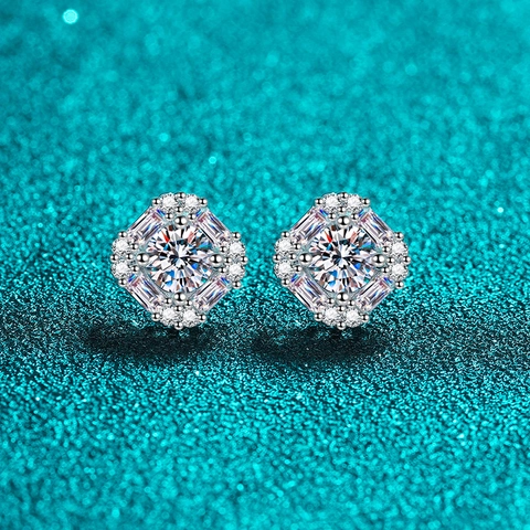 Lussuosi Orecchini a Bottone in Argento Sterling 925 Moissanite Square Halo per Donna Gioielli in Moissanite Taglio Rotondo