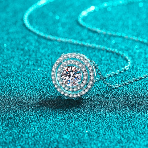 Luxus 925 Sterlingsilber Doppelkreis Halo Anhänger Halskette Für Damen Rund Moissanit Zirkonia Schlüsselbein Kette Schmuck