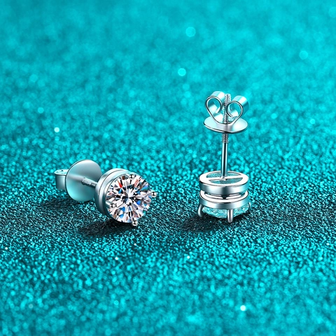 925 Sterling Silver Moissanite Stud Earrings Four Prong Screw Back Round Cut Minimalist Zirconia Ear Studs For Women Jewelry