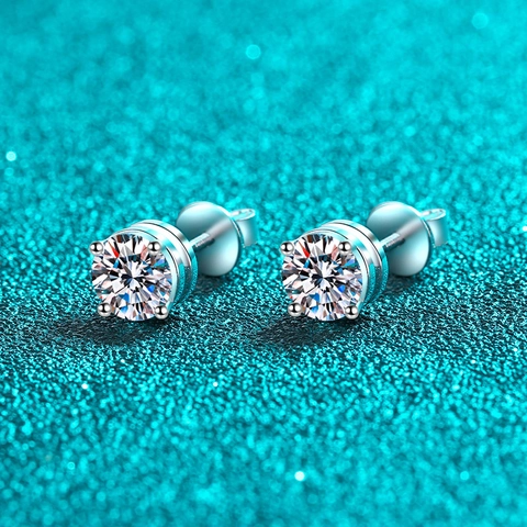 925 Sterling Silver Moissanite Stud Earrings Four Prong Screw Back Round Cut Minimalist Zirconia Ear Studs For Women Jewelry