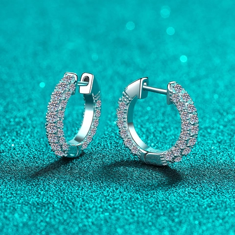 Pendientes de Aro Huggie de Plata de Ley 925 con Moissanita para Mujer Doble Fila Pavé Incrustado Joyería Fina de Boda