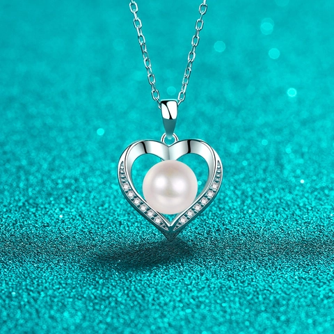 Collana con Ciondolo a Cuore in Argento Sterling 925 Con Perla d'Acqua Dolce e Moissanite Elegante Catena per Donna Gioielli