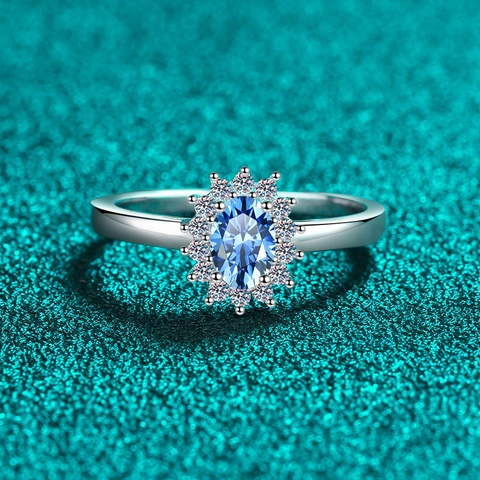 Bague de Luxe en Argent Sterling 925 Avec Moissanite Bleu Royal Style Halo Tournesol Bague de Fiançailles pour Femme Bijoux