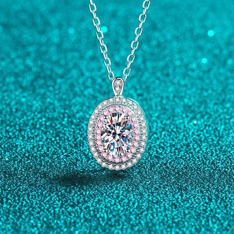 Collar de Moissanita de Plata de Ley 925 Colgante de Halo Ovalado Circonia Rosa Blanco Elegante Cadena de Clavícula Mujer