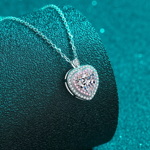 Collar de Colgante de Corazón de Plata de Ley 925 Con Moissanita Circonia Doble Halo Diamantes de Imitación Joyería Mujer