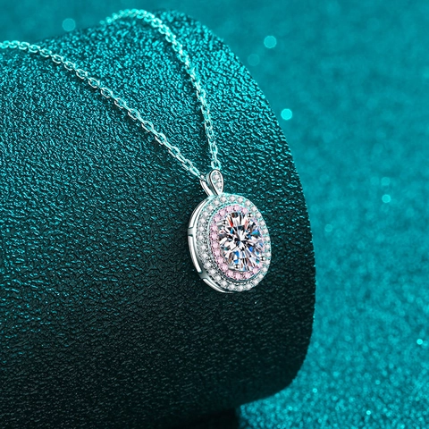 Collar de Moissanita de Plata de Ley 925 Colgante de Halo Ovalado Circonia Rosa Blanco Elegante Cadena de Clavícula Mujer