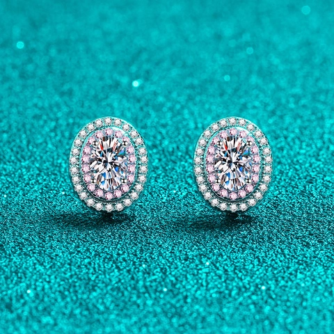 925 Sterling Silver Oval Moissanite Zirconia Stud Earrings Double Halo Pink White Rhinestone Elegant Women Jewelry Gift