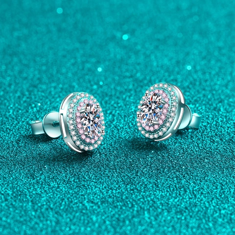 925 Sterling Silver Oval Moissanite Zirconia Stud Earrings Double Halo Pink White Rhinestone Elegant Women Jewelry Gift