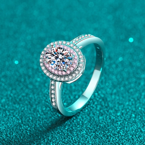 Bague de Luxe en Argent Sterling 925 Moissanite Zirconia Ovale Double Halo Pierre Rose Blanche Incrustée Mariage Fiançailles