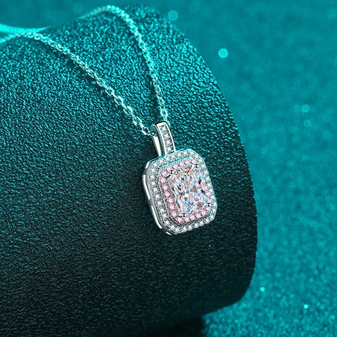 Collana in Argento Sterling 925 Moissanite per Donna Ciondolo Taglio Smeraldo Radiante Doppio Halo Rosa Bianco Zirconia Gioielli