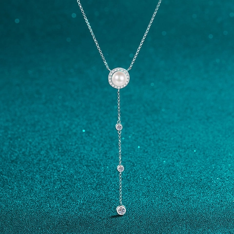 925 Sterlingsilber Moissanit Natürliche Süßwasserperle Y-Halskette Für Damen Elegante Mode Pulloverkette Schmuck
