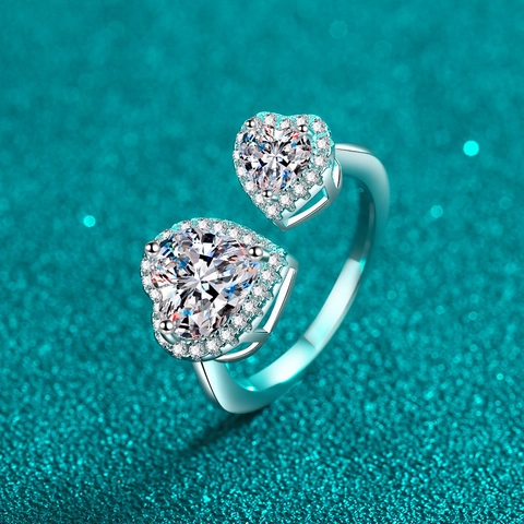 S925 Sterling Zilver Hart Moissaniet Open Ring Verstelbaar Dubbel Hart Zirconia Halo Ring Voor Vrouwen Sieraden Cadeau