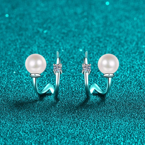 Boucles d'Oreilles Clous en Forme de U en Argent Sterling 925 pour Femmes Avec Moissanite et Perle d'Eau Douce Bijoux