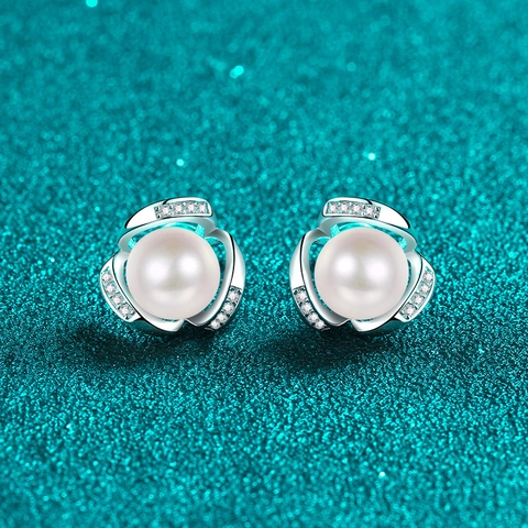 925 Sterling Zilver Moissaniet Zoetwaterparel Oorknopjes Voor Vrouwen Bloemblad Ingelegde Elegante Fijne Sieraden Cadeau