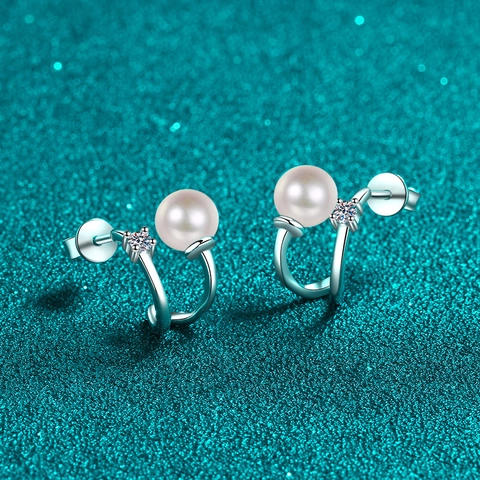 Boucles d'Oreilles Clous en Forme de U en Argent Sterling 925 pour Femmes Avec Moissanite et Perle d'Eau Douce Bijoux