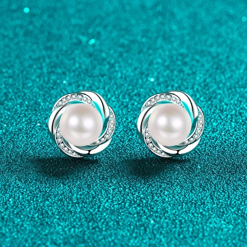 Orecchini a Bottone in Argento Sterling 925 con Moissanite e Perle d'Acqua Dolce Design Vortice di Prugno Gioielli da Donna