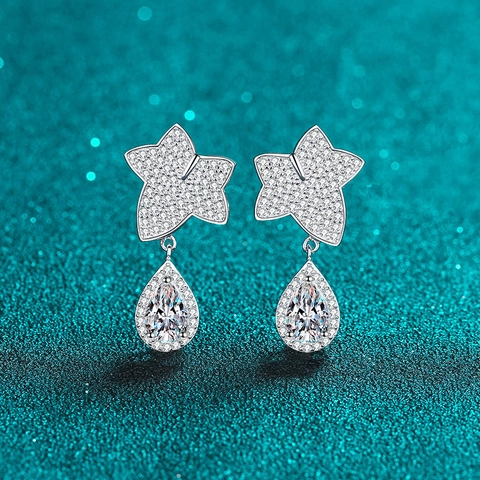 925 Sterling Silver Moissanite Maple Leaf Water Drop Stud Earrings Pear Cut Zirconia Dangle Earrings For Women Jewelry