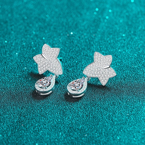 925 Sterling Silver Moissanite Maple Leaf Water Drop Stud Earrings Pear Cut Zirconia Dangle Earrings For Women Jewelry