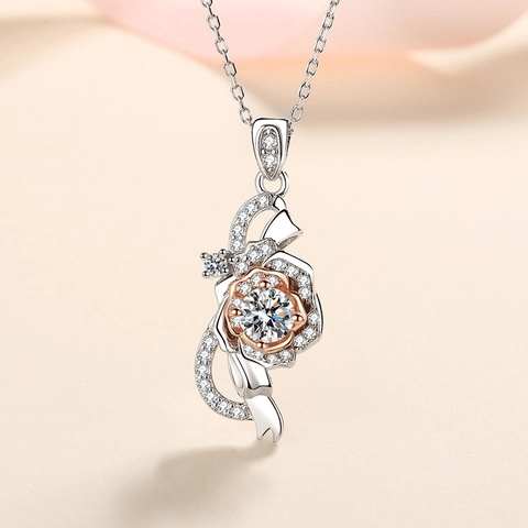 925 Sterling Silver Moissanite Zirconia Rose Necklace For Women Bi-color Flower Pendant Elegant Jewelry Valentine Day Gift