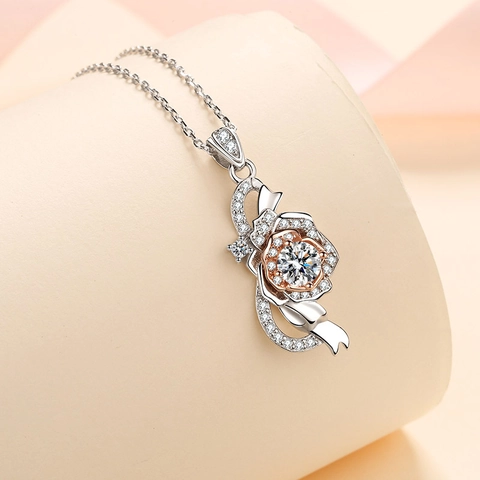 925 Sterling Silver Moissanite Zirconia Rose Necklace For Women Bi-color Flower Pendant Elegant Jewelry Valentine Day Gift