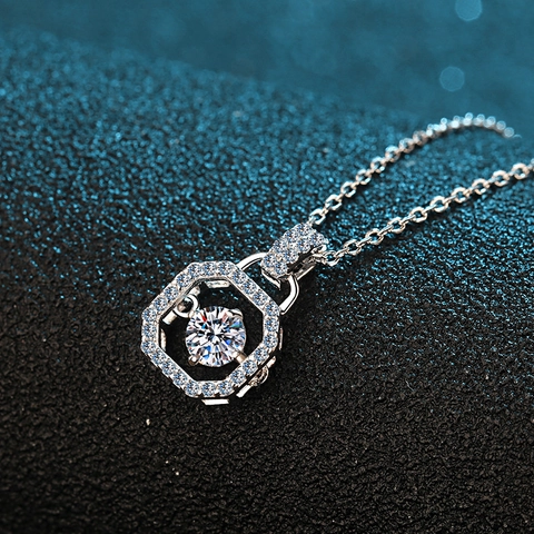 Κολιέ Μενταγιόν από Ασήμι 925 Moissanite Dancing Stone για Γυναίκες Κομψό Οκτάγωνο Γεωμετρικό Κόσμημα με Στρας Δώρο