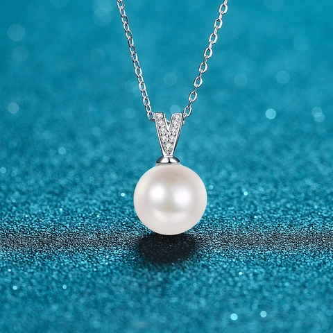 Collar de Plata de Ley S925 Con Moissanita y Perla de Agua Dulce para Mujer Colgante en V Joyería de Moda Regalo