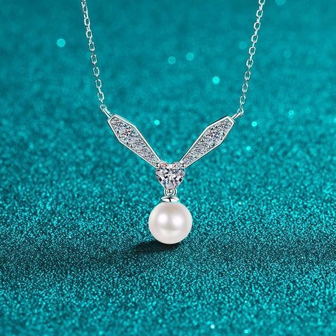 Collana in Argento Sterling 925 con Perla d'Acqua Dolce per Donna Pendente a Cuore Moissanite V Moda Gioielli Eleganti