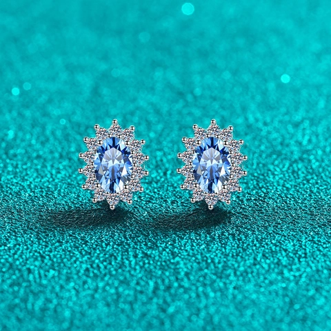 925 Argento Sterling Ovale Blu Moissanite Orecchini a Bottone Donna Elegante Geometrico Halo Design Gioielli San Valentino