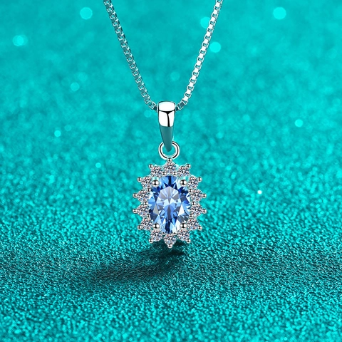 925 Sterling Silver Moissanite Necklace For Women Royal Blue Oval Moissanite Pendant Halo Box Chain Light Luxury Jewelry Gift