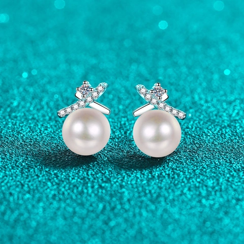 Boucles d'Oreilles Clous en Croix en Argent Sterling 925 Moissanite Perle d'Eau Douce pour Femme Bijoux de Mode Élégante Minimaliste