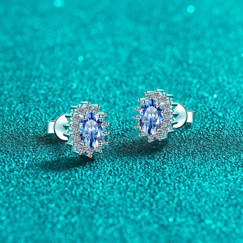 925 Argento Sterling Ovale Blu Moissanite Orecchini a Bottone Donna Elegante Geometrico Halo Design Gioielli San Valentino