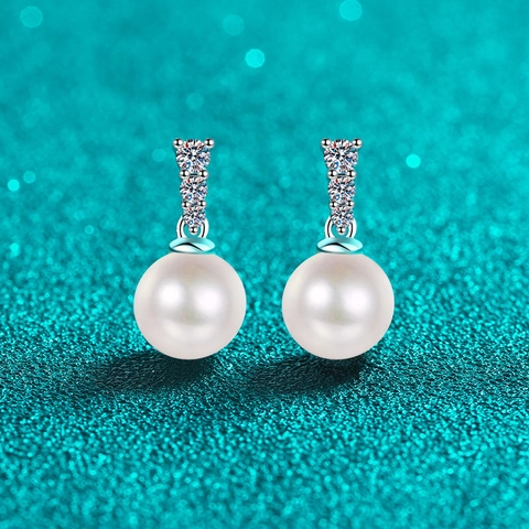 925 Sterling Silver Moissanite Freshwater Pearl Stud Earrings For Women Elegant Geometric Inlaid Rhinestone Drop Earrings Jewelry