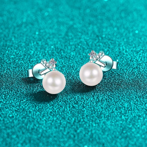 Boucles d'Oreilles Clous en Croix en Argent Sterling 925 Moissanite Perle d'Eau Douce pour Femme Bijoux de Mode Élégante Minimaliste