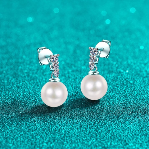 925 Sterling Silver Moissanite Freshwater Pearl Stud Earrings For Women Elegant Geometric Inlaid Rhinestone Drop Earrings Jewelry