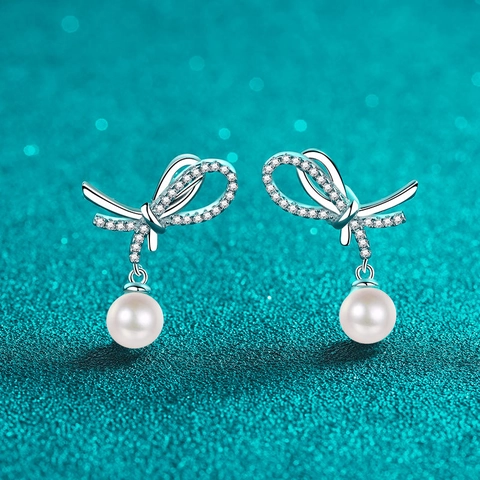 Boucles d'Oreilles Clous Nœud en Argent Sterling 925 Avec Perle d'Eau Douce Naturelle Moissanite Bijoux de Mariage Élégants pour Femme