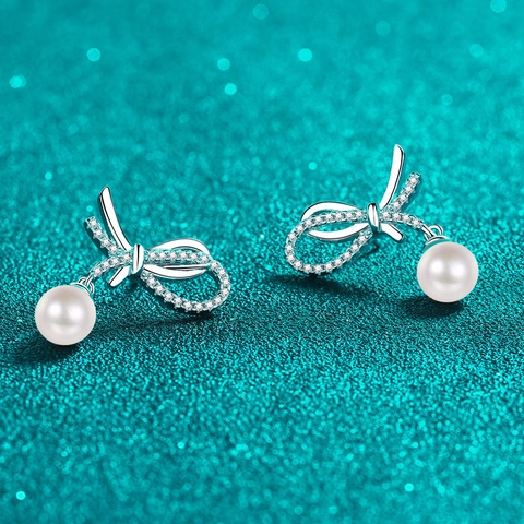 Boucles d'Oreilles Clous Nœud en Argent Sterling 925 Avec Perle d'Eau Douce Naturelle Moissanite Bijoux de Mariage Élégants pour Femme