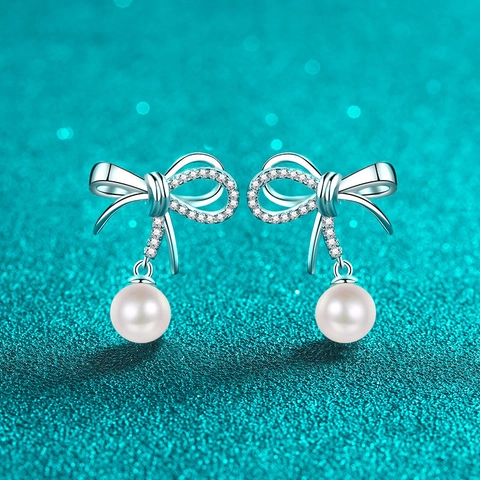 925 Sterling Silver Moissanite Freshwater Pearl Stud Earrings Bowknot Ear Drop For Women Sweet Cute Korean Style Jewelry