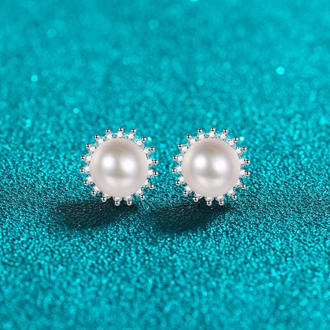 Boucles d'Oreilles Clous en Argent Sterling 925 avec Moissanite et Perle d'Eau Douce Tournesol Bijoux Élégants Femme