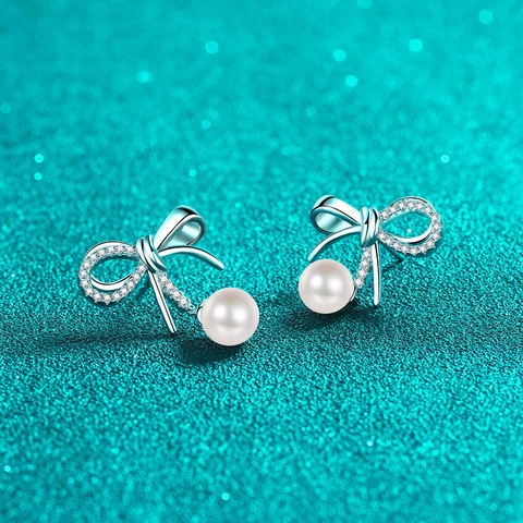 925 Sterling Silver Moissanite Freshwater Pearl Stud Earrings Bowknot Ear Drop For Women Sweet Cute Korean Style Jewelry