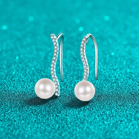 Boucles d'Oreilles Pendantes Vague en Argent Sterling S925 Avec Moissanite et Perle d'Eau Douce Pour Femme Minimaliste Pavé Zirconia Bijoux Élégants