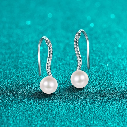 Boucles d'Oreilles Pendantes Vague en Argent Sterling S925 Avec Moissanite et Perle d'Eau Douce Pour Femme Minimaliste Pavé Zirconia Bijoux Élégants