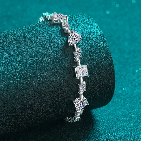 Luxury S925 Sterling Silver Moissanite Bracelet For Women Irregular Heart Princess Square Round Cut Sparkling Jewelry Hand Chain