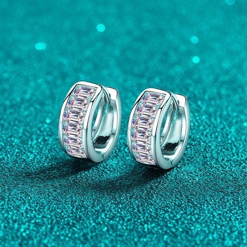 Boucles d'Oreilles Huggie en Moissanite Taille Baguette Argent Sterling S925 Créoles Rectangulaires pour Femmes Bijoux de Mode