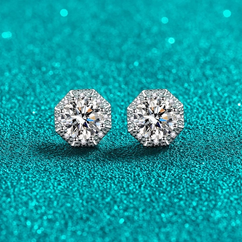 Orecchini a Bottone in Argento Sterling S925 Con Halo Ottagonale in Moissanite per Donna Gioielli di Moda Minimalisti Geometrici