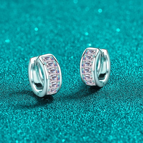 Boucles d'Oreilles Huggie en Moissanite Taille Baguette Argent Sterling S925 Créoles Rectangulaires pour Femmes Bijoux de Mode