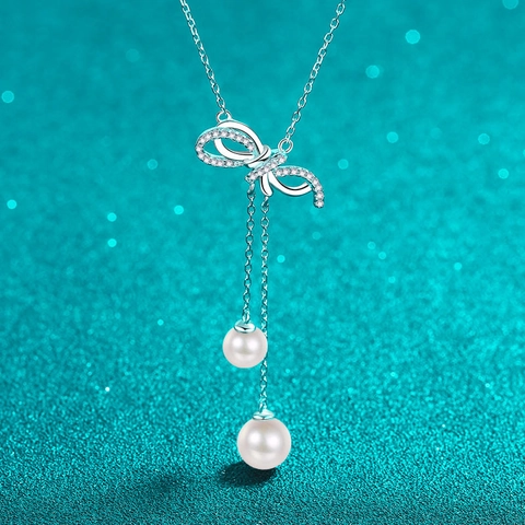 925 Sterlingsilber Moissanit Süßwasserperle Kette Eleganter Schleife Quaste Anhänger Choker Mode Schmuck Für Damen